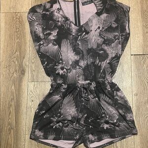 Black Floral & Dove Print Sleeveless Romper with Drawstring Waist
